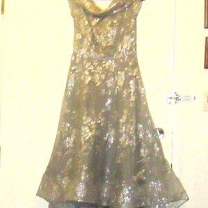 Jade Couture Silver Lace on Gray Midi Length Off the Shoulder Flowing Dress